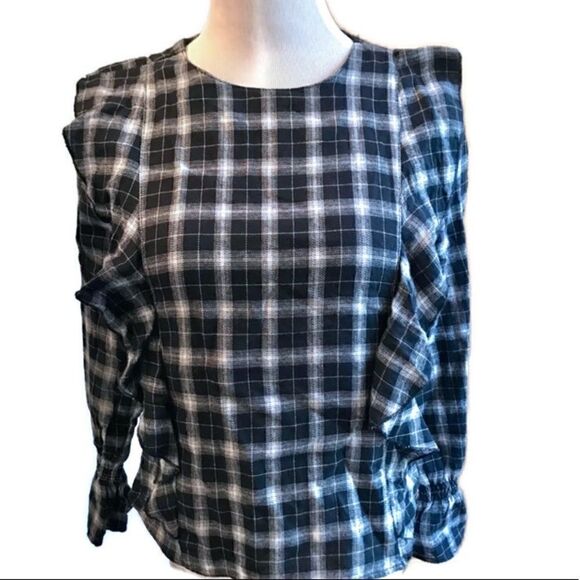 New! Love Notes Plaid Ruffle Long Sleeve Shirt Sz S - Picture 1 of 6